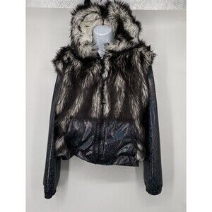 J. Valentine Faux Fur Hooded Glow  Holographic Metallic Zip Up M/L Grinch Y2K